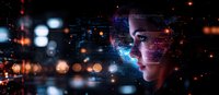 Young Asian woman profile merged with digital network visualization against dark background with bokeh lights and glowing blue technology elements.
