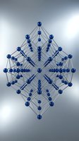Blue molecular structure network with interconnected spheres and bonds forming geometric pattern on gradient background for scientific presentations.