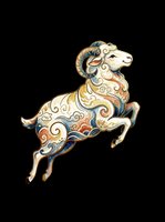 Ornamental leaping goat with decorative swirls and gold accents, isolated on transparent background. Ready for t-shirts, stickers, clipart, and print-on-demand designs.