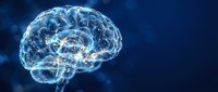 Digital brain with glowing neural networks and electrical connections on dark blue background for artificial intelligence and neuroscience concepts.