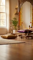 Cozy bohemian living room with ornate mirror, colorful floor cushions, string lights and plants creating warm atmospheric home decor for relaxation.