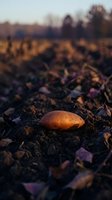 Fresh potato lying on rich dark soil in agricultural field during golden hour sunset with warm natural lighting and blurred autumn landscape background.