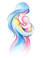 Watercolor mother holding baby in tender embrace with flowing hair on white background isolated for maternity designs and motherhood concepts.