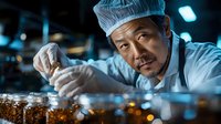 Professional Asian male chef in white uniform and hat carefully plating gourmet dish in modern restaurant kitchen with warm ambient lighting and bokeh effects.