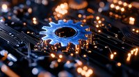 Blue metallic gear wheel on circuit board with glowing orange bokeh lights creating dramatic technological atmosphere. For business and innovation concepts.