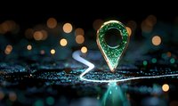 Glowing green location pin marker with bokeh lights on dark reflective surface, navigation concept for mobile apps and digital maps. Creative technology background.
