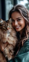 Young Hispanic woman with long dark wavy hair smiling while holding fluffy Maine Coon cat with brown fur. Close-up portrait showing genuine joy and connection.