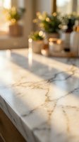 Blurred marble kitchen countertop with warm bokeh lights and potted plants in background creating cozy home atmosphere for interior design concepts.