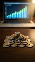 Stacked coins arranged in pyramid formation on wooden desk with laptop displaying upward trending financial chart in background, symbolizing growth and investment success.