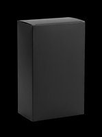 Black matte cardboard box isolated on transparent background, ready for packaging mockups, product design, print on demand, stickers, and clipart use.