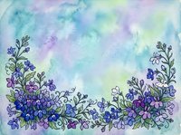 Watercolor floral border with blue and purple wildflowers on a soft teal background, perfect for greeting cards, invitations, and stationery design.