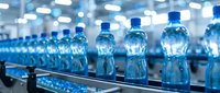 Rows of clear plastic water bottles moving along conveyor belt in modern beverage manufacturing facility with blue industrial lighting and production equipment.