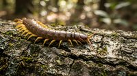Large brown centipede crawling on moss-covered tree bark in natural forest environment with soft bokeh background lighting for nature and wildlife content.