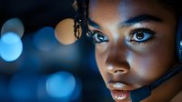Professional African American female customer service representative with headset against blue bokeh lights background for business communications.