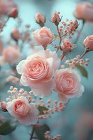 Delicate pink roses and small coral berries create romantic composition against soft turquoise background, perfect for wedding invitations and feminine designs.