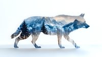 Wolf silhouette filled with snowy mountain landscape and pine forest creating double exposure effect on white background isolated for design.