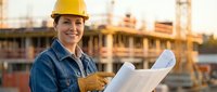 Female construction worker in yellow hard hat holding blueprints at building site during golden hour. Professional contractor reviewing architectural plans.