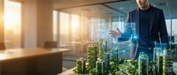 Professional businessman analyzing holographic green city model with sustainable architecture in modern office environment for urban planning presentations.