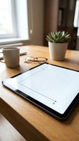 Modern workspace with digital tablet displaying grid template on wooden desk with coffee cup, eyeglasses and succulent plant for productivity and design work.