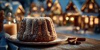 Traditional Christmas bundt cake with powdered sugar dusting on rustic wooden table with warm holiday lights and festive village decorations in background.