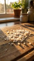 Coarse sea salt crystals scattered on rustic wooden cutting board in warm sunlit kitchen with herbs and ceramic jars creating homey cooking atmosphere.