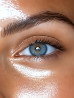 Close-up of bright blue eye with glossy highlighted skin, long natural lashes and groomed eyebrow showing modern dewy makeup trend in beauty photography.