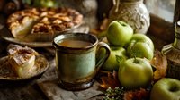 Rustic autumn scene with homemade apple pie, ceramic mug of hot drink, fresh green apples and fall leaves on wooden table. Cozy seasonal food photography.
