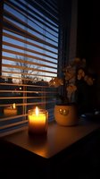 Glowing candle on windowsill at sunset with white orchid in ceramic pot, venetian blinds casting dramatic shadows, creating cozy atmospheric mood.