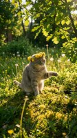 Playful tabby kitten reaching for yellow dandelion flowers in sunny garden with green foliage overhead, perfect for pet and nature content.