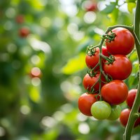 Fresh ripe red tomatoes growing on vine in sunny garden with green bokeh background for organic farming and healthy eating concepts.