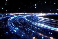 Glowing curved light trails with sparkles and bokeh effects on dark background create futuristic technology concept for digital transformation and connectivity.
