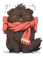 Cute cartoon black puppy wearing oversized coral scarf with blushing cheeks and happy expression, isolated on white background for stickers and greeting cards.