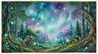 Enchanted forest landscape with glowing aurora borealis, mystical trees, and magical castle silhouette in distance, ornate frame border, fantasy woodland scene.