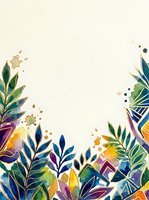Colorful botanical foliage frame with watercolor leaves, gold accents, and decorative elements on cream background. Isolated design for invitations, cards, and creative projects.
