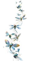 Delicate watercolor dragonflies in blue and gold tones flying in graceful formation on white background, isolated for decorative design projects.