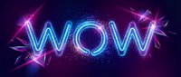 Glowing neon WOW text with electric blue and pink lighting effects on dark background for advertising and promotional designs.