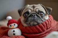 Adorable pug dog wearing cozy red knit scarf with small snowman toy, perfect for winter holiday greeting cards and seasonal pet photography.