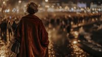 Person in brown coat standing alone at night overlooking crowded city street with glowing lights reflecting on wet pavement.