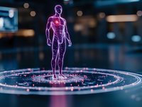 Glowing purple hologram of human anatomy with highlighted heart on futuristic circular platform against dark background with bokeh lights. Medical visualization concept.