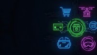 Neon glowing e-commerce icons on dark digital background with shopping cart, payment card, security lock and delivery symbols for online business.