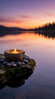 Coconut shell candle with smooth stones on mossy rock by tranquil lake at sunset creating peaceful meditation atmosphere for wellness and relaxation concepts.