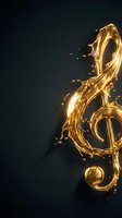 Golden liquid treble clef music note splashing with droplets on dark background for creative design projects and musical branding materials.