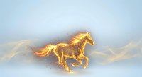 Fiery golden horse galloping through misty clouds with glowing flames and sparks creating magical fantasy atmosphere for creative projects.