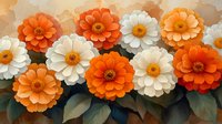 Vibrant orange and white zinnia flowers in full bloom against dark green foliage create striking contrast, bringing warmth and elegance to floral arrangements.