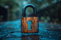 Rusty vintage padlock with keyhole in rain against moody teal background, dramatic lighting creates atmosphere of mystery and security concept.