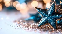 Glittering blue star decoration with sparkling bokeh background and scattered glitter. Festive holiday macro photography with soft focus and warm lights.