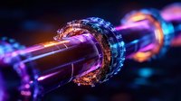 Futuristic glowing quantum technology ring with energy beam in purple and blue colors against dark background, advanced scientific visualization concept.