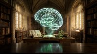 Glowing holographic brain floating above wooden desk in gothic library with arched windows and bookshelves creating futuristic learning atmosphere.