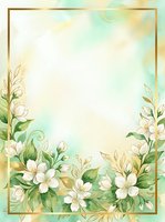 Watercolor floral frame with white flowers and green leaves on soft mint background, golden border, copy space for wedding or greeting card.