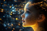 Young woman profile with glowing golden skin effect against dark background with magical light particles and bokeh, representing artificial intelligence and future technology.